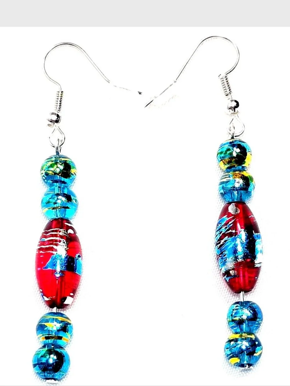 Multi-colored Blue Handpainted Murano Glass Drop Earrings with Silver Ear Wire A